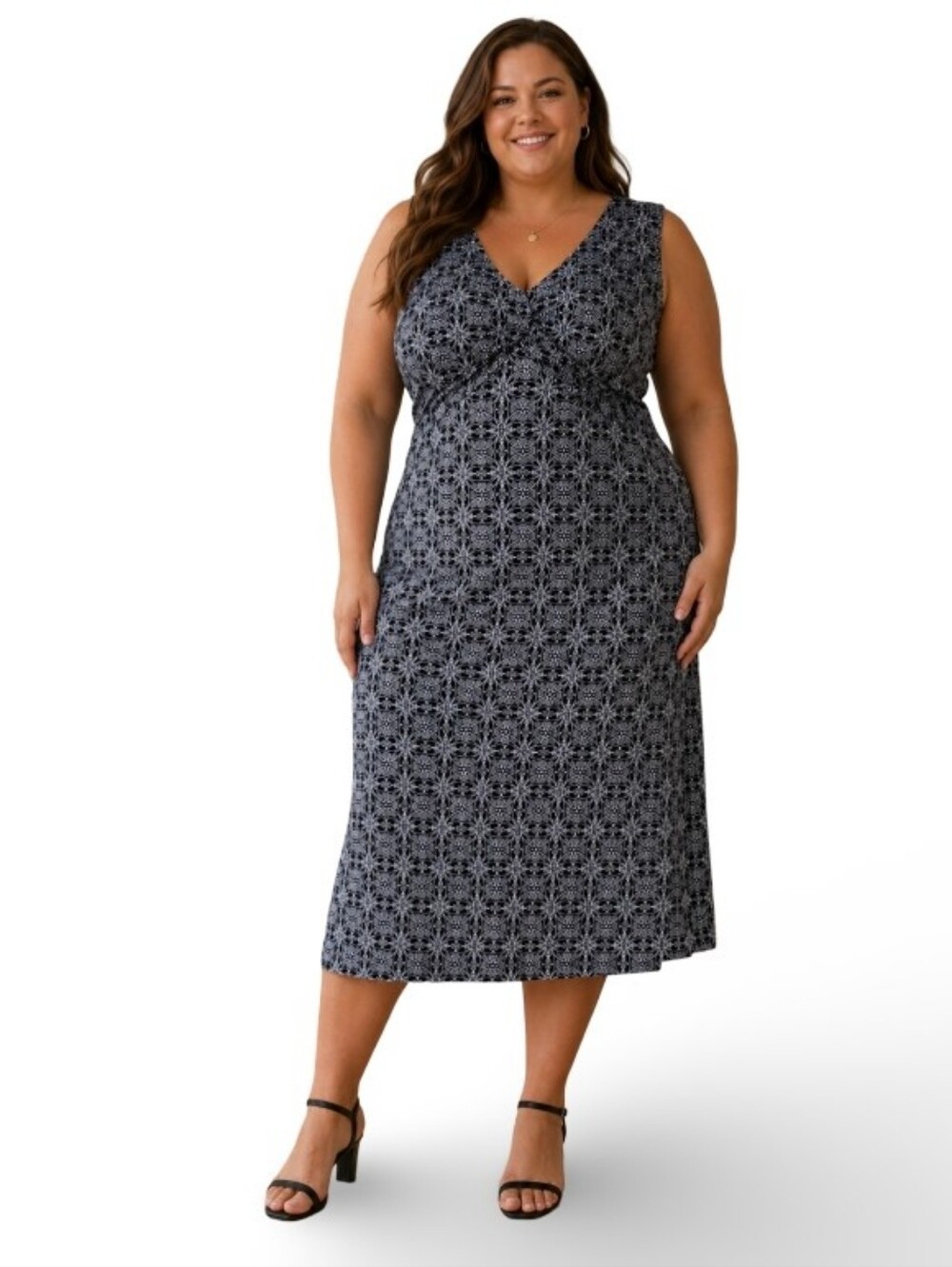 Bandolino Y2K Womens Geometric Print V-Neck Babydoll Midi Dress Size Large
